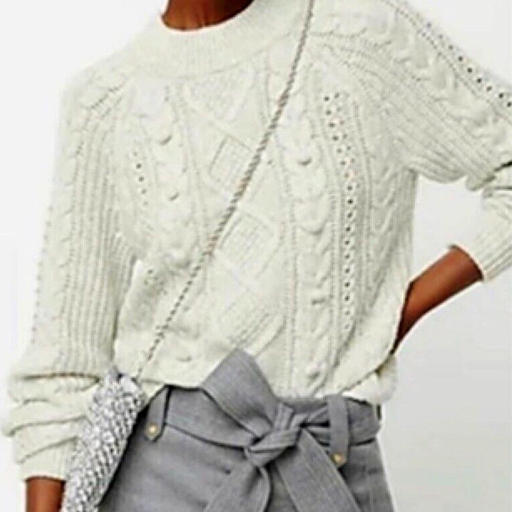 NWT J. CREW Pom-Pom Cable Lamb's Wool Sweater Crewneck Heather Grey XXL